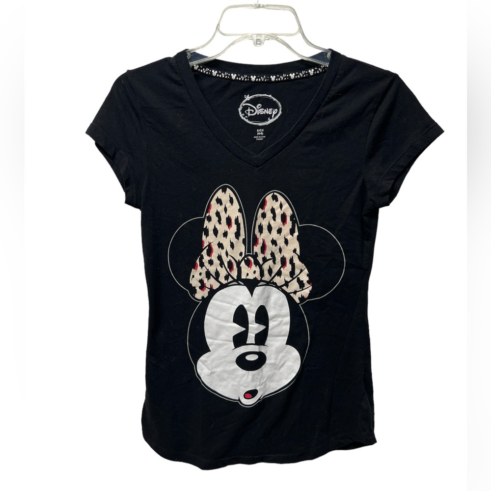 Disney Minnie Mouse Cheetah Print Bow Black T-Shirt Juniors Small